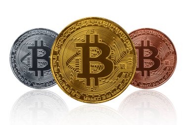 Bitcoin üzerinde beyaz izole üç türü. Görsel cryptocurrency sikke.
