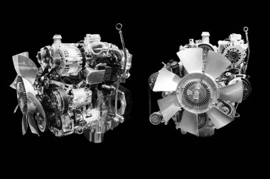 Araba kamyon motoru ön ve yan siyah kırpma yoluyla izole görmek.