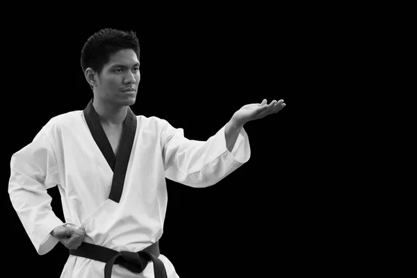Maître Ceinture Noire Taekwondo Fighter Stand Pour Ridgehand Outward Block — Photo