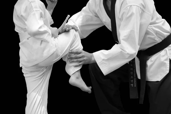 Man Teaching Taekwondo Fighter Kid Balance Stand Flight Black Background — Stock Photo, Image