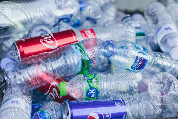 Used aluminium Can and drinking water plastic bottle garbage waste collected sale for recycle in Thailand. 31 January 2019.