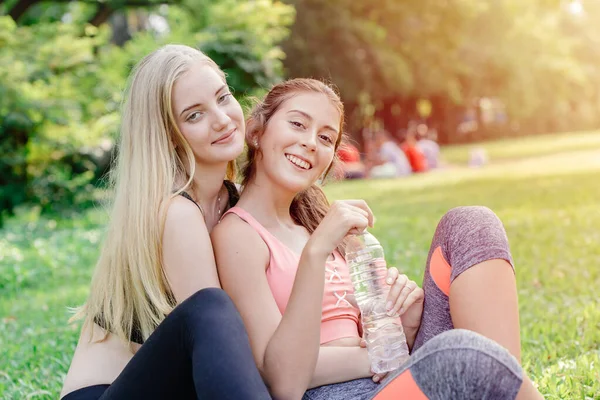 Sport Healthy Girlfriends Women Happy Enjoy Together Park Outdoor Holiday — Stock Photo, Image