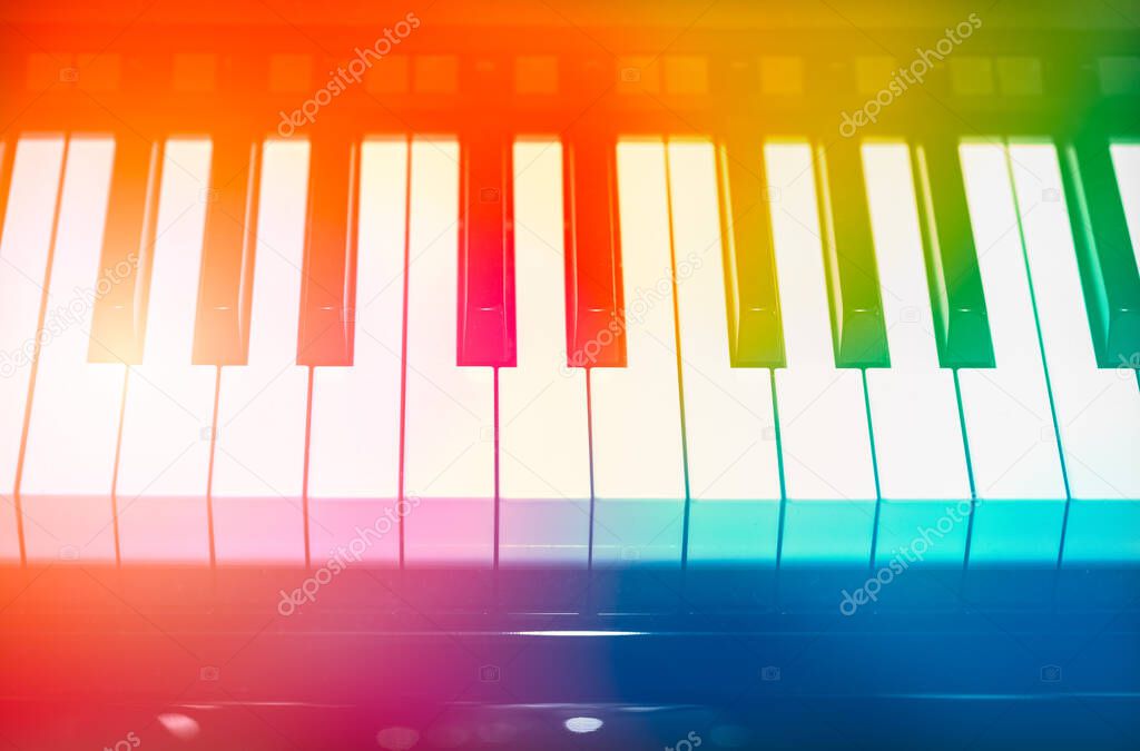 colorful piano keyboard musical note pad for creative music education fun school poster background.
