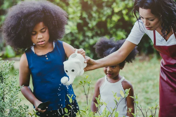 家庭可爱的园艺浇灌绿色植物活动与孩子们呆在家里 以减少爆发考拉病毒 孩子们在后院浇灌植物 — 图库照片