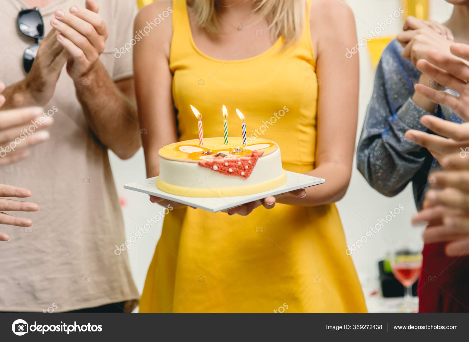 Closeup Woman Birthday Cake Party Friends Clap Her Birthday Celebration