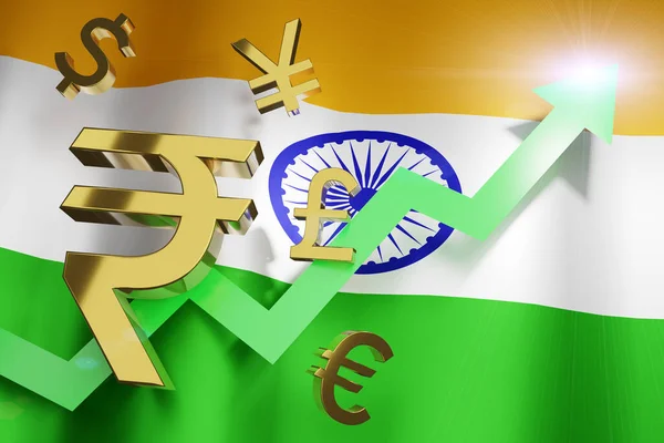 Inr印度卢比与印度国旗汇率上升商业金融概念3D渲染 — 图库照片