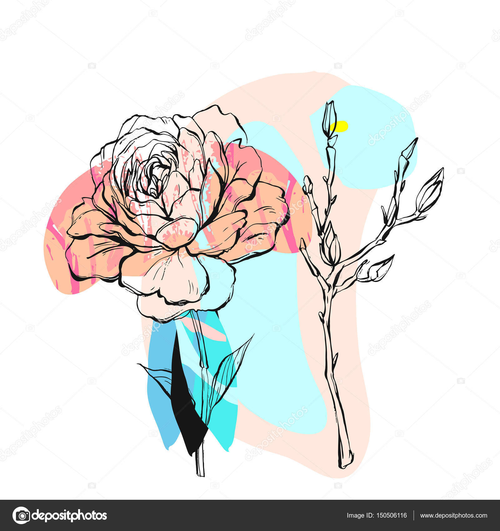 Disegnato a mano astratto creativo insolito con rami e fiori di peonia grafico in colori pastello