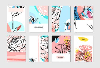 Elle çizilmiş vektör soyut yaratıcı sıradışı tarihi kartları şablon koleksiyonu pastel renkler grafik çiçeklerle ayarla kaydedin. Dokular yapılmış. Düğün, yıldönümü, doğum günü, parti davetiyeleri.