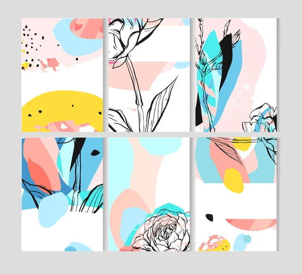 Handgetekende vector abstract creatief ongebruikelijk sla de datum kaarten template collectie set met grafische pioenroos bloemen in pastel kleuren.Handgemaakte texten.Bruiloft, verjaardag, feest uitnodigingen — Stockvector