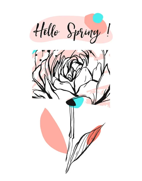 Hand getrokken vector abstracte universele creatieve Hello Spring wenskaart met grafische bloem in pastel kleuren geïsoleerd op een witte achtergrond. Ongebruikelijke ontwerp — Stockvector