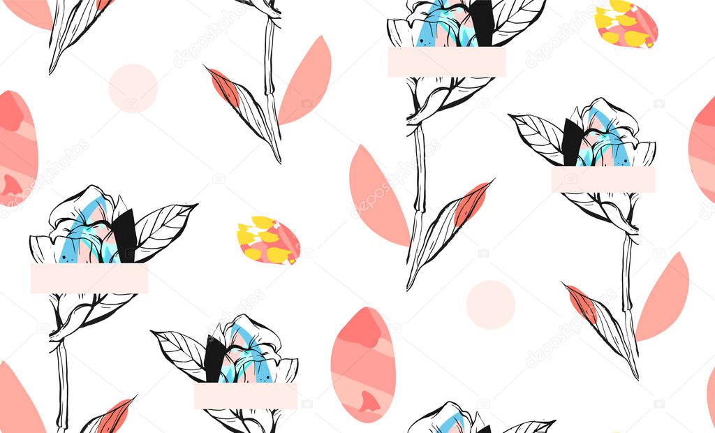 Hand made abstract textured trendy creative collage seamless pattern with floral motif isolated on white background with different textures and shapes.Modern graphic design.Unusual artwork.