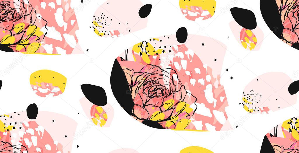 Hand made vector abstract textured trendy creative universal collage seamless pattern with floral peony motif isolated on white background with different textures and shapes.Modern graphic