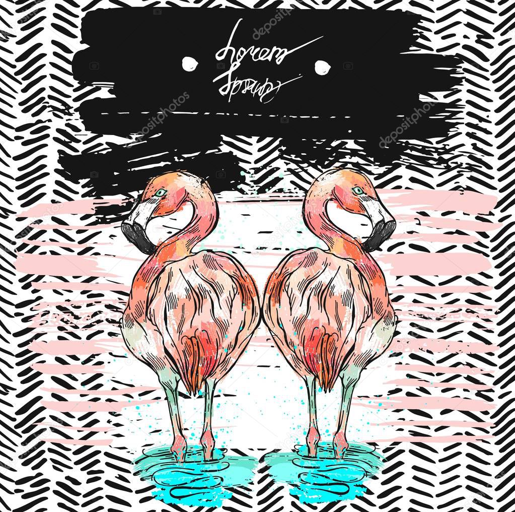 Hand drawn vector abstract summer card with mirror reflection of flamingo,zig zag stroke texture and places for your text.Template summer card with paradise bird,element for greeting,birthday