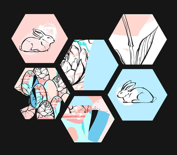 Dibujado a mano vector abstracto artístico texturizado hexágono formas collage de Pascua con flores gráficas, conejito y huevos de Pascua en colores pastel aislados sobre fondo negro. — Archivo Imágenes Vectoriales