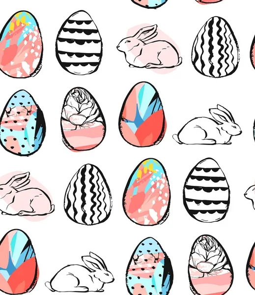 Рука намальована Векторний абстрактний творчий універсал Щасливий великодній безшовний візерунок з великодніми яйцями та кроликами в пастельних кольорах ізольовані на білому тлі. Весняна незвичайна графічна прикраса — стоковий вектор