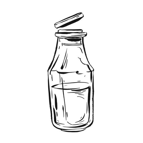 把牛奶放在瓶罐玻璃隔离在白色背景上绘制的矢量图形墨水素描。商店、 web、 业务、 装饰、 卡、 生日、 问候、 邀请、 餐厅菜单设计、 咖啡厅的设计元素 — 图库矢量图片