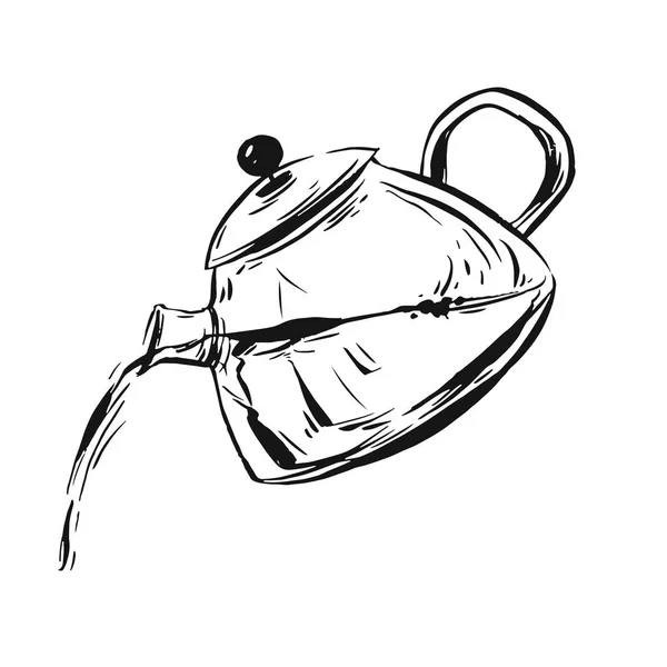 Ручний намальований векторний графічний ескіз чорнила чайника ізольовано на білому тлі. Елемент дизайну для магазину, веб-сайту, бізнесу, прикраси, листівки, дня народження, вітання, запрошення — стоковий вектор