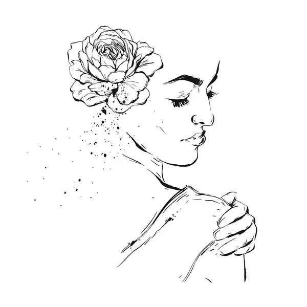 Το χέρι συντάσσονται γραφικά φορέα βούρτσα μελανιού χειροποίητη υφή γυναίκα γυναικεία φιγούρα με λουλούδι στα μαλλιά εικονογράφηση που απομονώνονται σε λευκό φόντο. Στοιχείο του σχεδιασμού για την άνοιξη γάμος, γενέθλια, Αποθήκευση καρτέλα Ημερομηνία. — Διανυσματικό Αρχείο