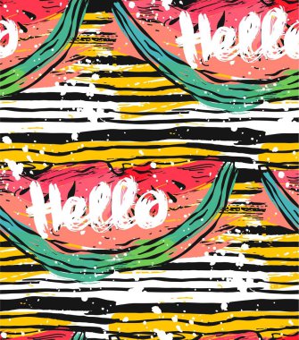 Hand drawn vector striped abstract textured pattern with watermelon ang Hello lettering.Summer backgroung,vector background,texture paper,texture background,summer pattern,watermelon slice. clipart