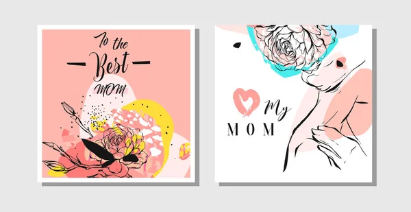 Hand getrokken vector abstracte wenskaarten set met Happy Mothers Day typografie en vrouw figuur met abstracte bloemen geïsoleerd op een witte achtergrond, vrouwelijke ontwerp voor card, uitnodiging, slaan de datum. — Stockvector