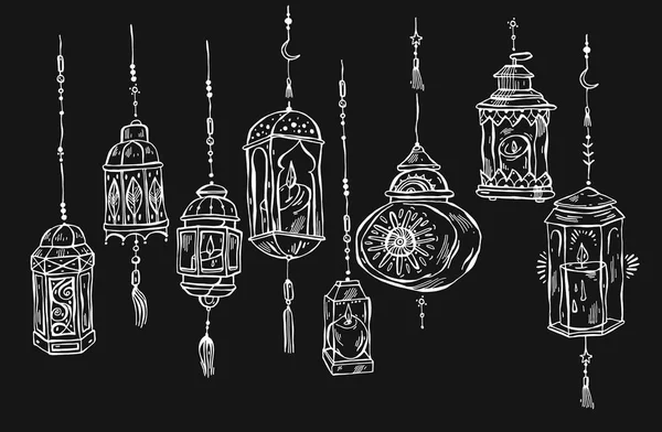 Mão desenhado Ramadã Kareem e fundo mesquita, belo cartão de saudação design elements.Vector ilustração com lanternas. Celebração do Festival Islâmico.Lanternas alinhadas árabes isoladas em preto . —  Vetores de Stock