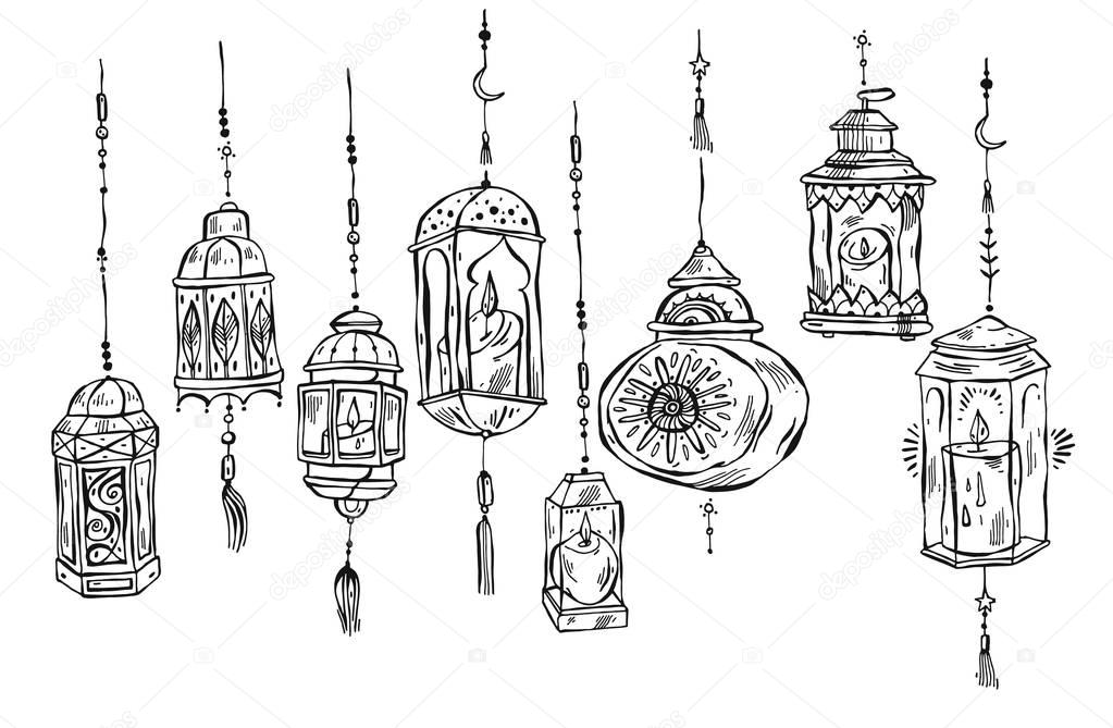 Hand drawn Ramadan Kareem and mosque background,beautiful greeting card design elements.Vector illustration with flashlights. Islamic Festival celebration.Arabic lined lanterns isolated on white.