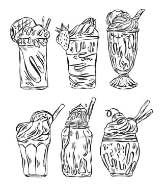 Elle çizilmiş vektör milkshake cam, muzlu süt tatlı, meyve güler yüzlü, protein içeceği kümesi illüstrasyon kaplı. Çocuk menüsü, muzlu süt kafe, şeker dükkanı için tasarım