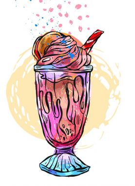 El çizmek vektör soyut çizim milkshake tatlı cam. Çocuk menüsü, çocukların doğum günü partisi, muzlu süt kafe, güler yüzlü menü için tasarım.