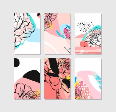 Elle çizilmiş vektör soyut yaratıcı sıradışı tarihi kartları şablon koleksiyonu pastel renkler grafik çiçeklerle ayarla kaydedin. Dokular yapılmış. Düğün, yıldönümü, doğum günü, parti davetiyeleri.
