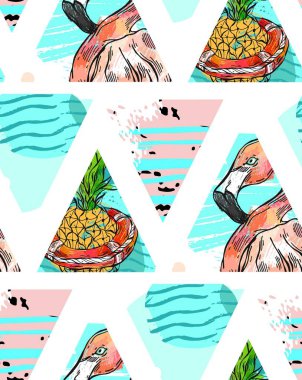 El ile tropikal yaprak, ananas ve pembe flamingo soyut geometrik izole üzerinde üçgen arka plan üzerinde egzotik Dikişsiz desen yaptı. Vektör kumaş, vb baskı sarma. Düğün, doğum günü.