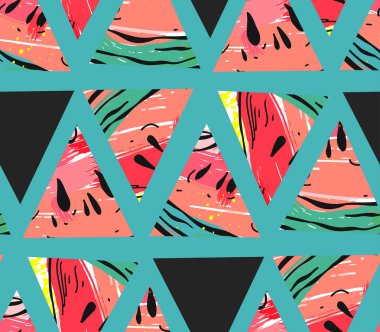 El çizimi vektör soyut kolajı, karpuz motifi ve üçgen hippi şekilleri, arka planda izole edilmiş. Düğün, doğum günü, moda kumaşı için alışılmadık dekorasyon, tarihi kaydet.