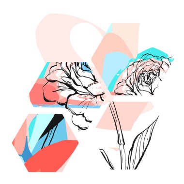 El vektör soyut yapımı moda yaratıcı evrensel kolaj farklı dokular ve şekiller ile beyaz arka plan üzerinde izole çiçek Şakayık motifinin ile dokulu. Modern bahar tasarımı. El yapımı Craft sanat