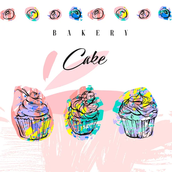 Håndtegnet vektor abstrakt kort med collage cupcakes, frihånd teksturer, bær og typografi citat Bageri kage i pastelfarver isoleret på hvid baggrund. Menu, shop, tegn, etiketter, tags, forretning – Stock-vektor