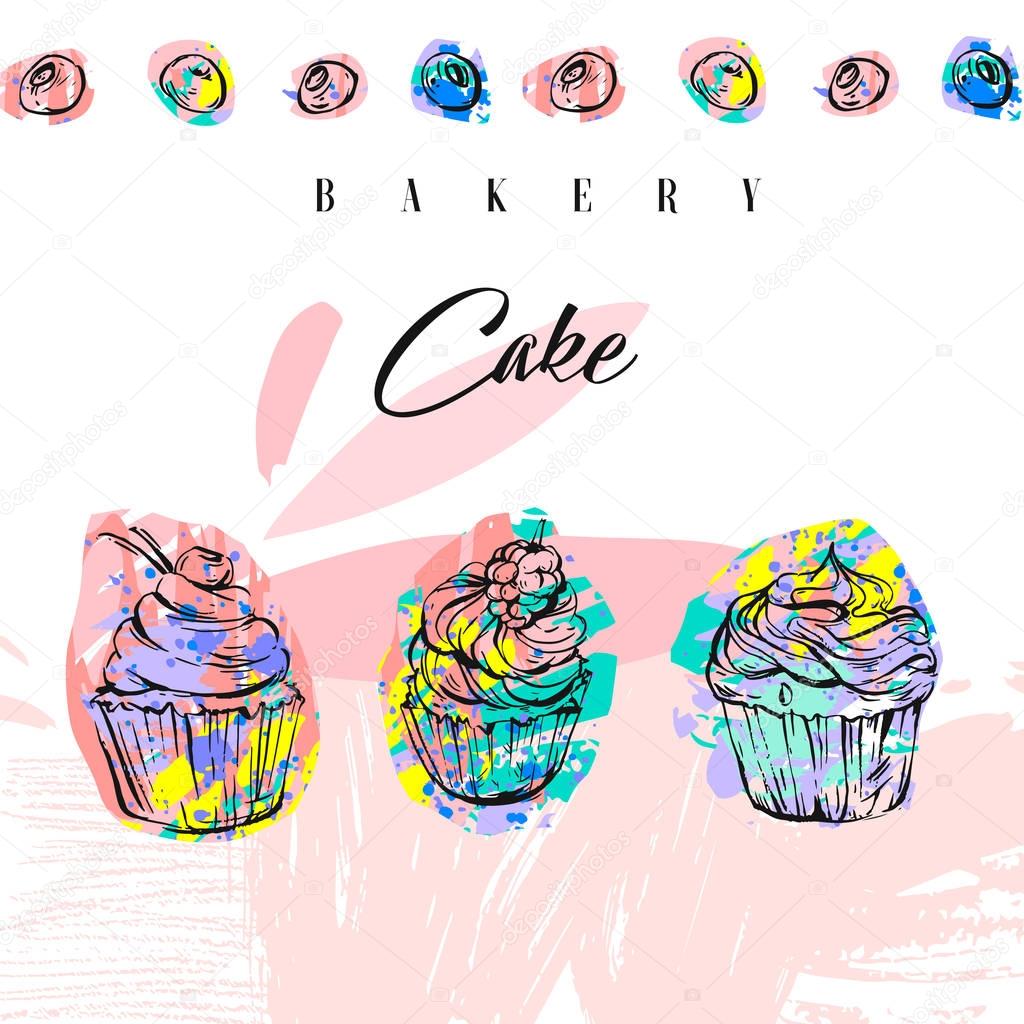 Hand drawn vector abstract card with collage cupcakes,freehand textures,berries and typography quote Bakery cake in pastel colors isolated on white background.Menu,shop,sign,labels,tags,business