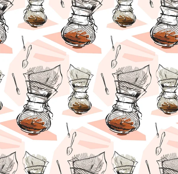 Ручной вектор абстрактной текстурированной графической иллюстрации кофеварка и чайная ложка в пастельных тонах на белом фоне. . — стоковый вектор