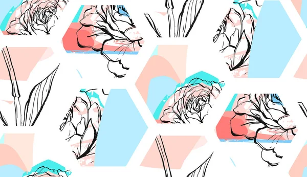 손으로 그린된 벡터 추상 예술 질감된 육각형 모양 콜라주 원활한 패턴 그래픽 파스텔 색상에 꽃을 수 있습니다. 흰색 배경에 고립 된 특이 한 장식. — 스톡 벡터