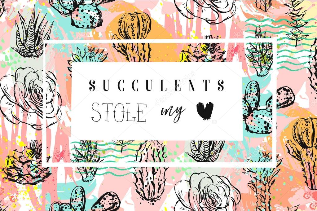 Hand drawn vector abstract creative header with succulents flower,cacti plant and modern calligraphy quote Succulents stole my heart in pastel color isolated on white background.Wedding,save the date
