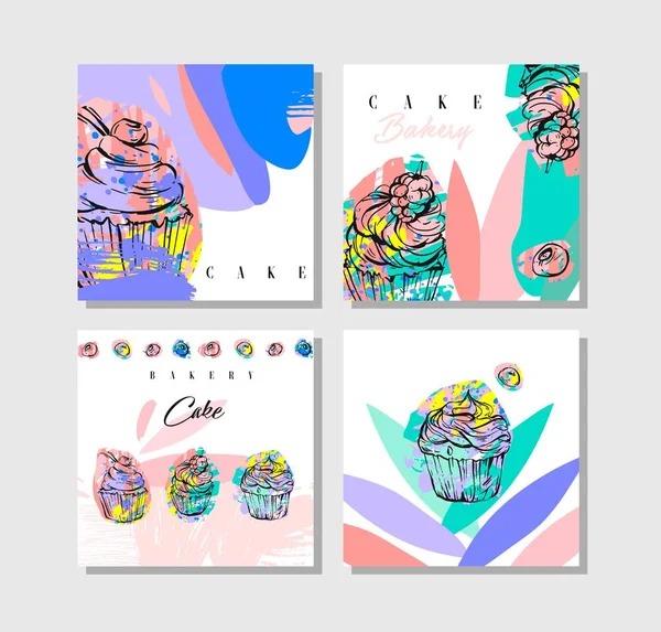 Çizilmiş vektör soyut kartları koleksiyonu ile kolaj cupcakes ayarla el, freehand dokular, çilek ve tipografi Ekmek pasta pastel renkli beyaz arka plan üzerinde izole alıntı. Menü, etiket, işareti