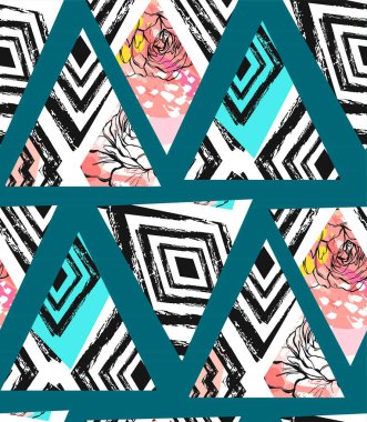 Elle çizilmiş vektör soyut serbest seamless modeli kolaj zebra motifi, organik dokular, üçgenler ve üzerinde mavi arka plan izole çiçek dokulu. Evlilik kaydetmek tarihi, doğum günü, Dekorasyon.