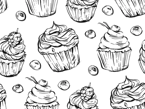 Dibujado a mano gráfico vectorial cupcakes en blanco y negro sin costuras pattern.Design para dulces shop.bakery, tienda de dulces, tela, moda, papel de envolver, business.Unique arte inusual. Decoración para colorear libro — Archivo Imágenes Vectoriales