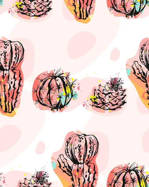 Ручной рисунок вектор абстрактный бесшовный шаблон коллаж с кактусами растений иллюстрации и конфетти формы изолированы на белом фоне. — стоковый вектор