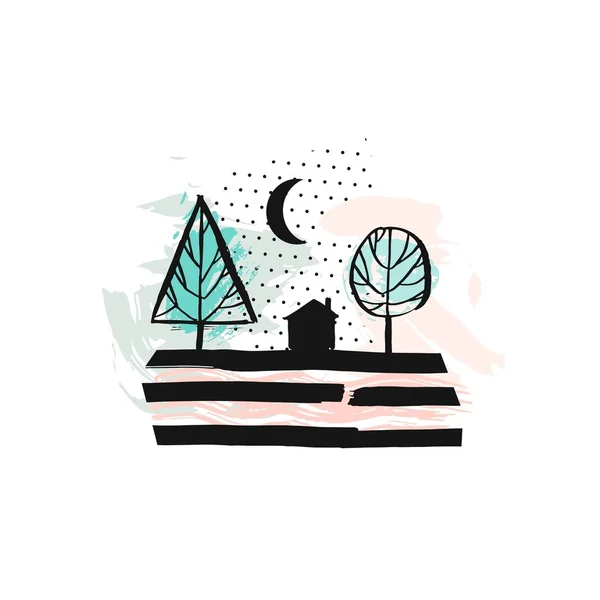 Hand drawn vector abstract scandinavian graphic illustration with house,trees and moon night in pastel colors.Desoration design elements.Nordic nature landscape concept — Stock Vector