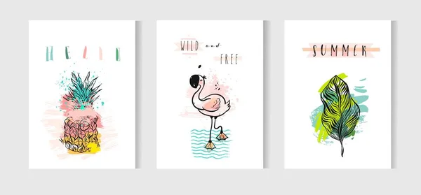 Pembe flamingo, tropikal palmiye yaprakları, ananas ve komik tırnak üzerinde beyaz arka plan izole ayarla çizilmiş vektör soyut yaz saati kartları ver. Hipster düğün, doğum günü, Dekorasyon, Tarih, Kaydet logosu.