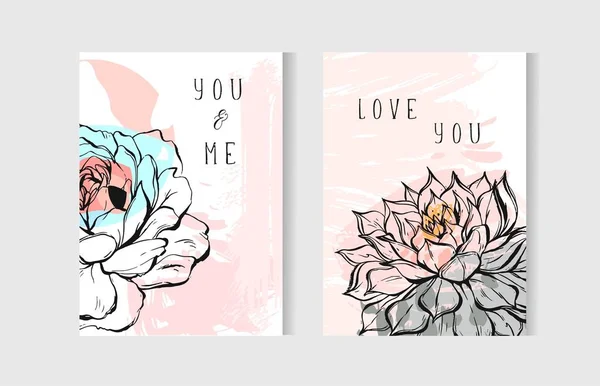 Elle çizilmiş vektör grafik Şakayık çiçekleri ve etli pastel renklerde ile oluşturulmuş tarihi kartları şablon koleksiyonu Kaydet yaratıcı sıradışı bohemian düğün soyut. Boho düğün, yıldönümü, doğum günü