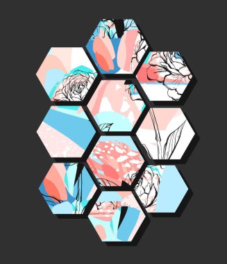 Çizilmiş vektör sanatsal evrensel dokulu soyut kompozisyon altıgen şekillerle el, el yapımı dokular ve pastel renkler siyah arka plan üzerine izole çiçek motifi. Düğün tarihi Kaydet