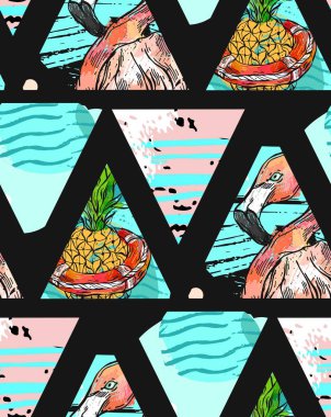 El ile tropikal yaprak, ananas ve pembe flamingo soyut geometrik izole üzerinde üçgen arka plan üzerinde egzotik Dikişsiz desen yaptı. Vektör kumaş, vb baskı sarma. Düğün, doğum günü.