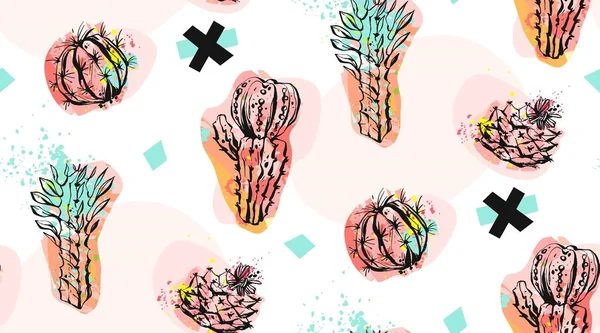 Collage de patrón sin costura abstracto vectorial dibujado a mano con ilustraciones de plantas de cactus, cruces y suculentas aisladas sobre fondo blanco.Boda, decoración, cumpleaños, elementos de diseño, aniversario, moda . — Archivo Imágenes Vectoriales