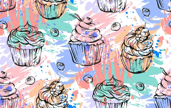 Vector dibujado a mano abstracta pintura a mano alzada cupcakes patrón sin costuras en colores brillantes.Diseño para la decoración, marca de la torta, logotipo, signo, tela de moda, menú, papel de envolver, tienda, web, negocio — Archivo Imágenes Vectoriales