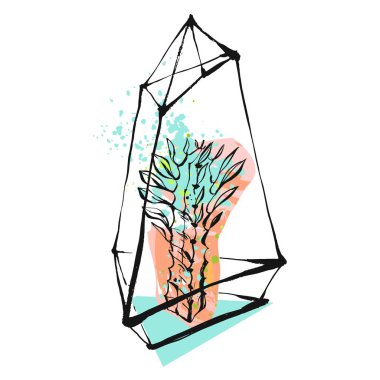 Terrarium içinde pastel boyalı cam kaba ve beyaz arka plan üzerinde izole tiffany mavi renklerde etli bitki ile çizilmiş vektör soyut grafik illüstrasyon ver. Kaydet tarihi, işaret, logo için tasarım