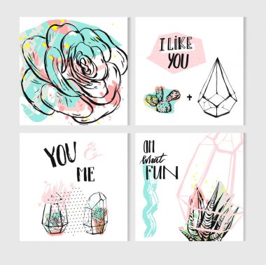 Elle çizilmiş vektör soyut tarihi kaydetmek tebrik kartı toplama şablonları etli, kaktüs bitki terrarium içinde ve pastel renkli serbest doku ile ayarlayın. Tasarım düğün, günlük kaydı, karalama defteri